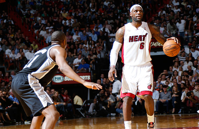 LeBron James dribbles against the San Antonio Spurs.