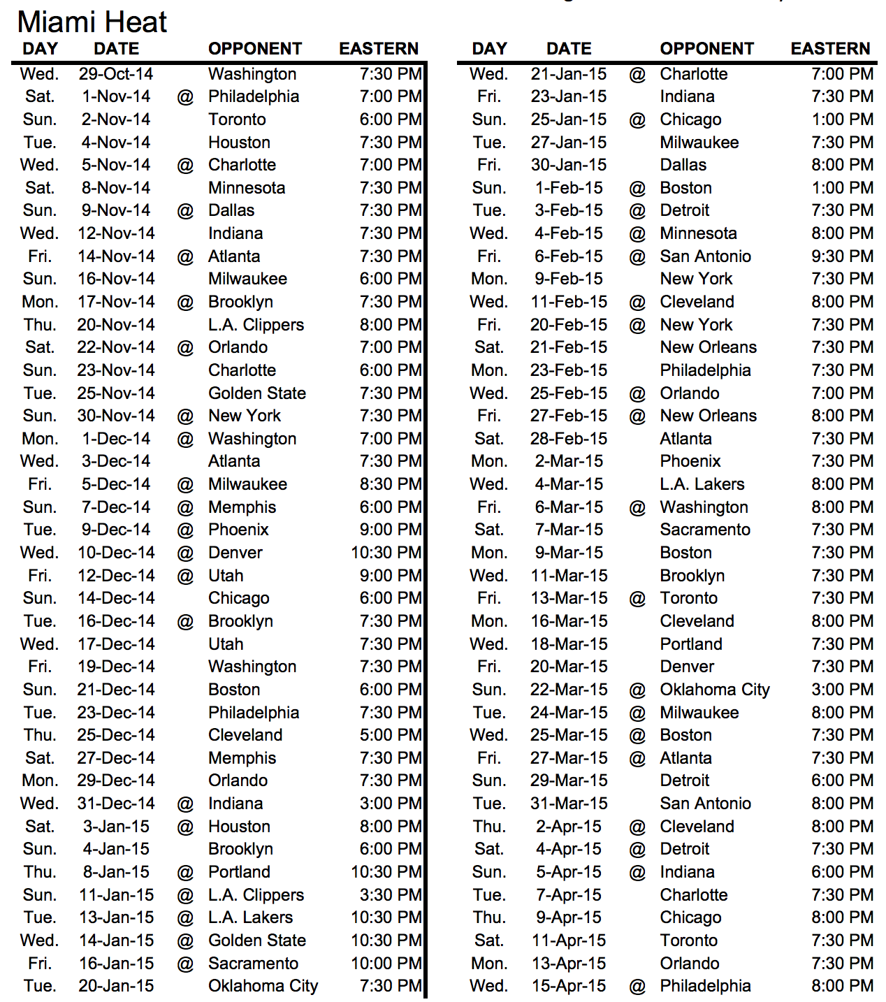 Miami Heat Regular Season Schedule for 2014-2015 - Heat Nation