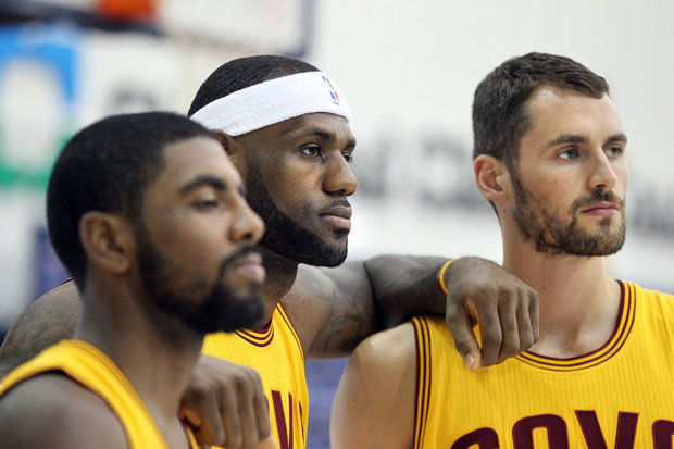 Kyrie Irving, LeBron James, and Kevin Love