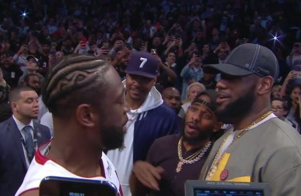 LeBron James, Carmelo Anthony, and Chris Paul Crowd Dwyane Wade Before ...