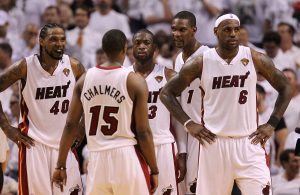 Udonis Haslem, Mario Chalmers, LeBron James and Dwyane Wade