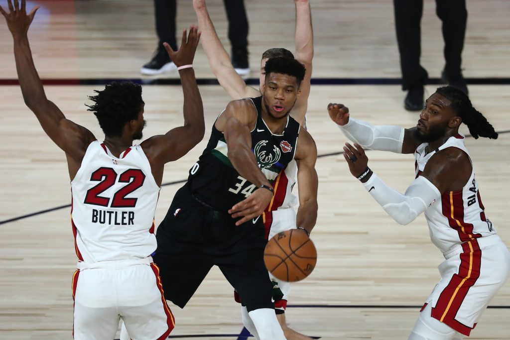 Giannis Antetokounmpo, Jimmy Butler and Jae Crowder