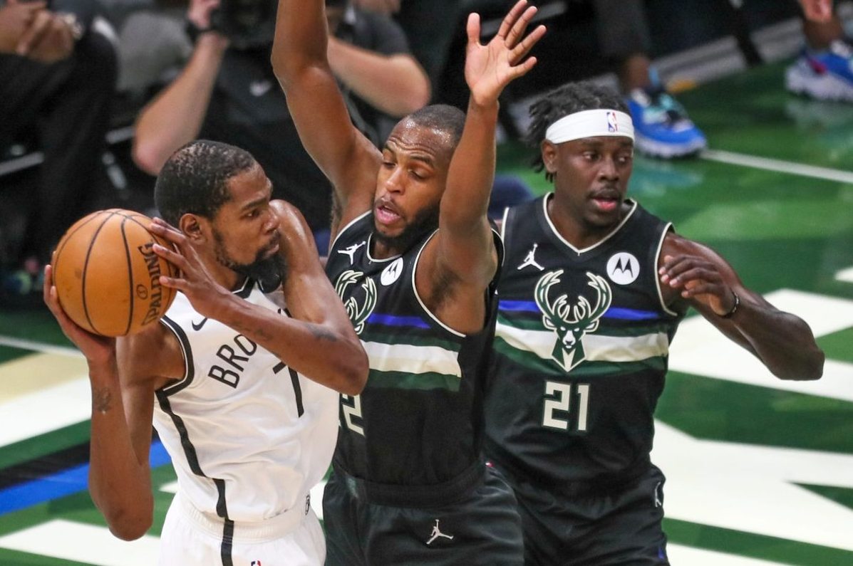 Jrue Holiday, Khris Middleton and Kevin Durant